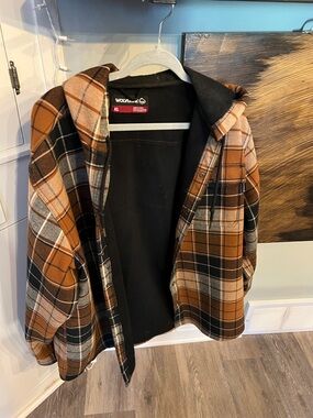 Wolverine Black Hooded Flannel Jacket with Orange Plaid Accents